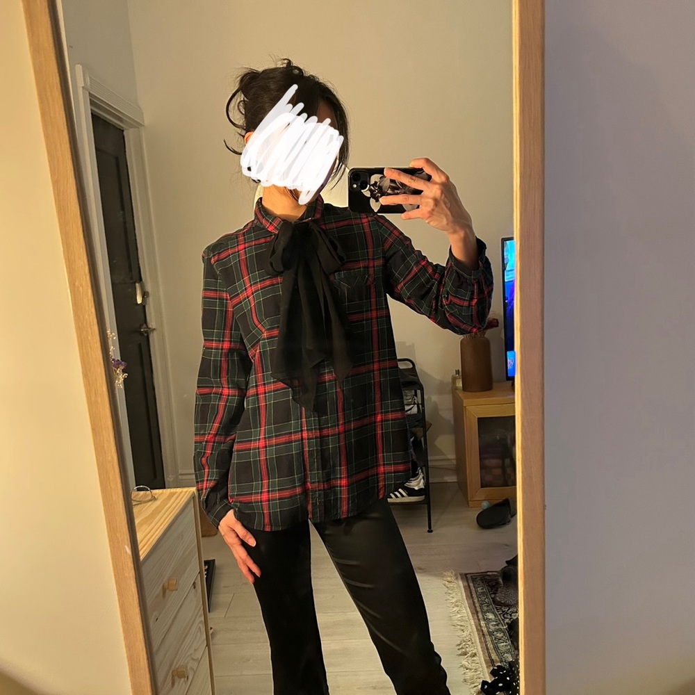 Plaid Blouse with Black Bow